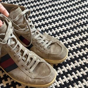 Gucci Tan High-Top Sneakers with Red and Blue Accents